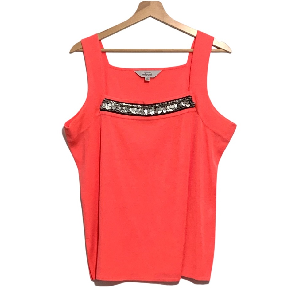 Misook Neon Coral Tank Top Bead and Sequin Detailing Size XL Bold Summer